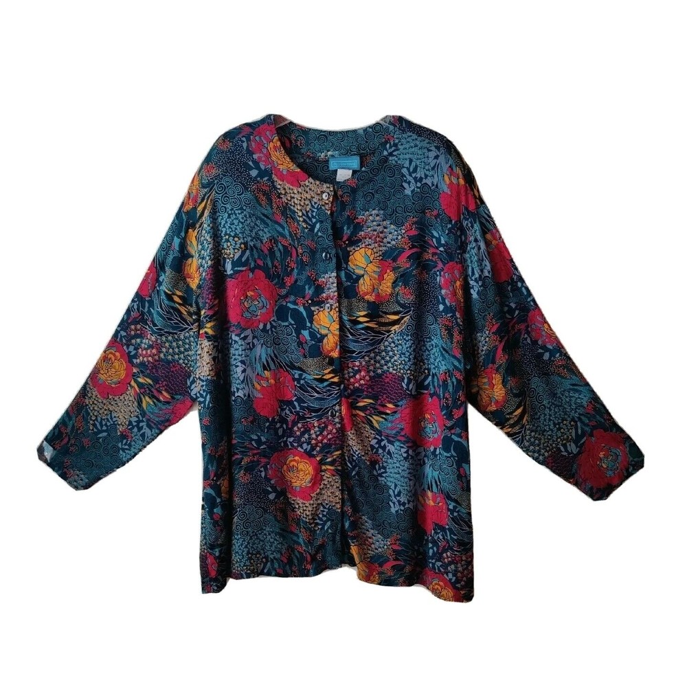 Vintage 80s Christine David 100% Rayon Floral Tunic Blouse w/ Shoulder Pads 22W